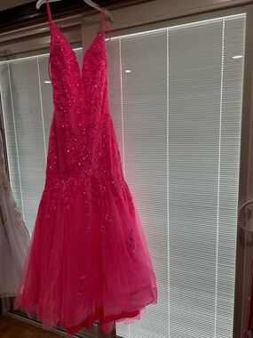 ellie wilde Hot Pink Beaded Tulle Prom Dress